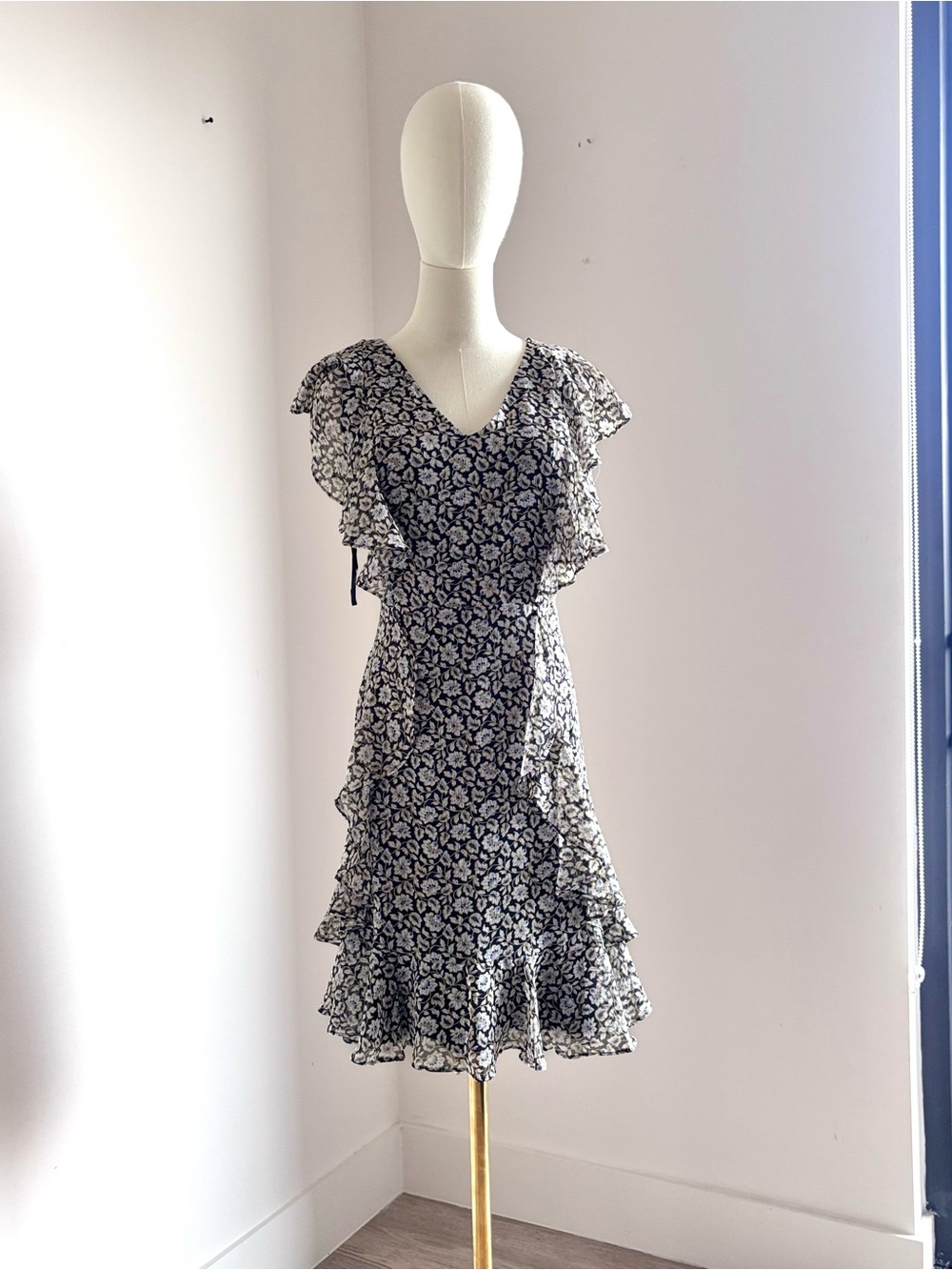 Tommy Hilfiger Black and White Floral Ruffle Midi Dress